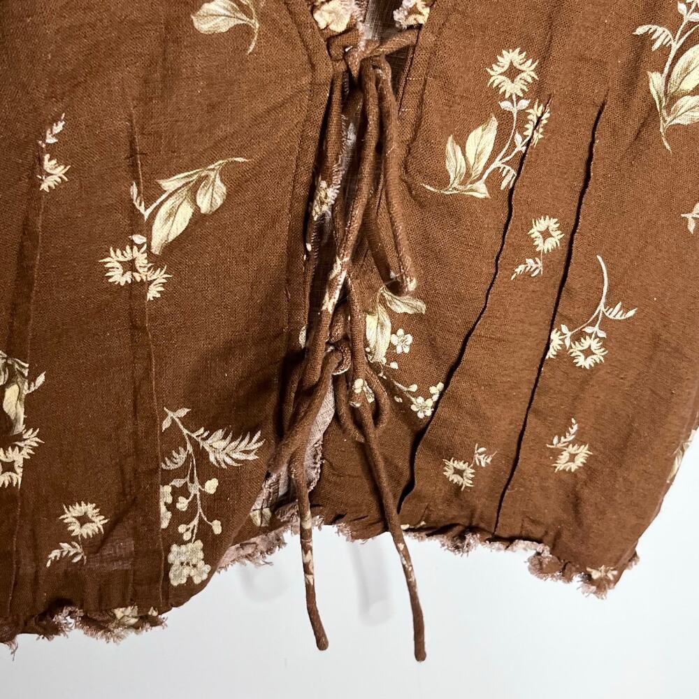 Anthropologie Brown Floral Linen Cotton Tie Front Puff Sleeve Crop Top M - Picture 7 of 11
